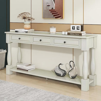 Knocbel 64 Inch Long Antique Entry Console Table with Drawers & Bottom Open Shelf, Solid Wood Sofa Couch Table for Entryway Hallway Living Room (Antique White)