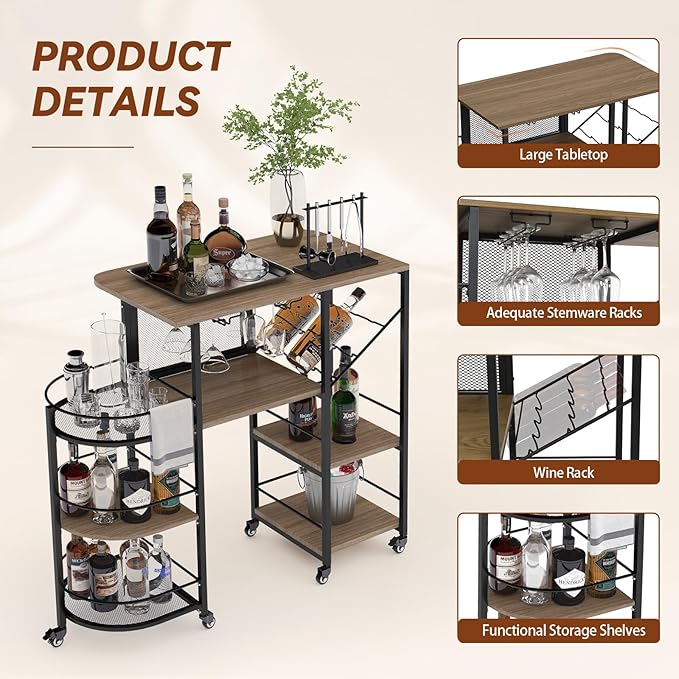 Bar Cart, Home Bar Service Cart with Wine Rack and Glass Holder, Kitchen Cart with Rolling Wheels, Metal Bar Rack with 7 Tiers Storage for Home, Kitchen, Living Room, Dining Room (Brown)