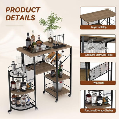 Bar Cart, Home Bar Service Cart with Wine Rack and Glass Holder, Kitchen Cart with Rolling Wheels, Metal Bar Rack with 7 Tiers Storage for Home, Kitchen, Living Room, Dining Room (Brown)