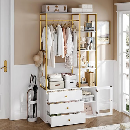 2pcs Closet Organizer System, Wardrobe Closet with 3 Wooden Drawers, Clothes Rack with Hanging Rods and 4 Tiers Shelves, Garment Rack with Metal Frame, White and Gold