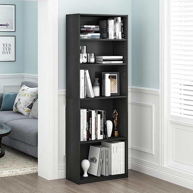 Furinno Jaya Book Shelf, 5-Tier Bookshelf, Bookcase with Adjustable Shelves, 9.5" x 24.5" x 71.2", for Organization and Storage, for Living Room, Bedroom, Home Office, Blackwood