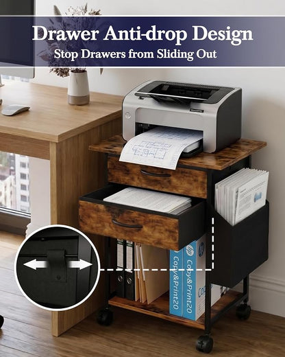 Faesun Printer Stand with Storage, 22'' Printer Cabinet with 2 Fabric Drawers, Rolling File Cabinet for Home Office, Printer Table with File Storage, Side Pocket & Dividers, Rustic Brown