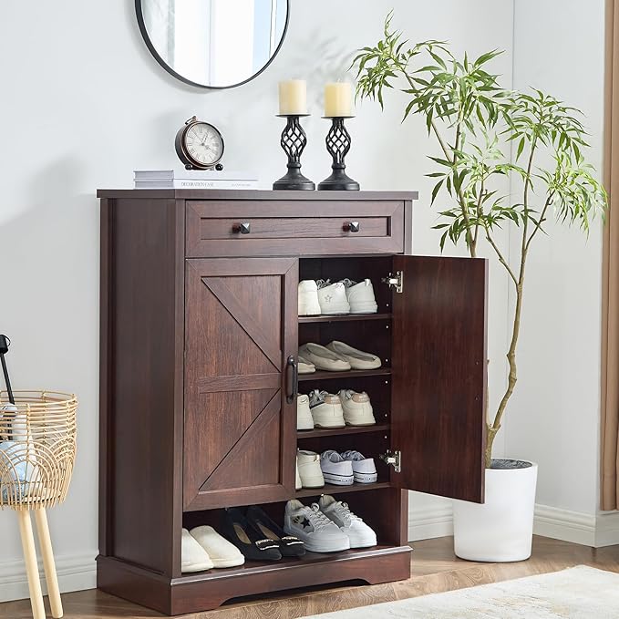 SOOWERY Shoe Cabinet with Drawer, Farmhouse Shoe Storage Cabinet with Doors, 5 Tiers Narrow Shoe Organizer for Entryway, Foyer, Hallway, Dark Cherry