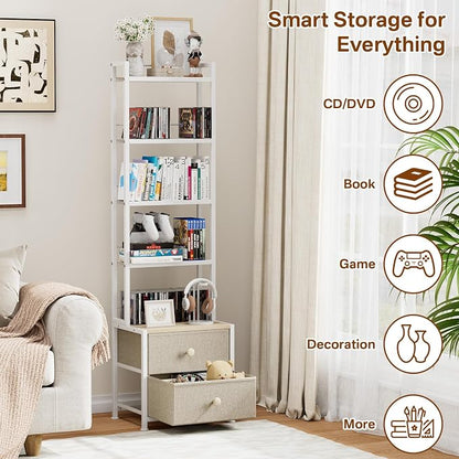 CD Storage Rack with Drawer, 5-Tier DVD Organizer Shelf w/Adjustable Book Stoppers, Media Storage Rack for CD/DVD, Books & Games, Ideal for Living Room & Home Office – 15.7x11.8x56.5Inches
