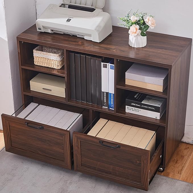 40" Farmhouse File Cabinet,Lateral File Cabinet with Wheels,Wood File Cabinet with shelve,Filing Cabinet with 2 Drawers for Legal/Letter/ A4 Size (Walnut)