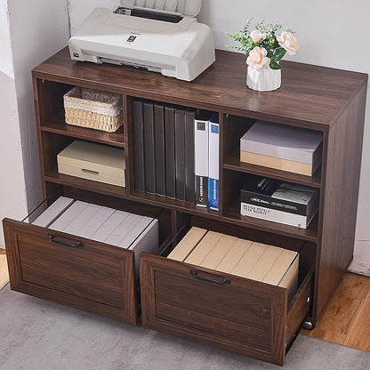 40" Farmhouse File Cabinet,Lateral File Cabinet with Wheels,Wood File Cabinet with shelve,Filing Cabinet with 2 Drawers for Legal/Letter/ A4 Size (Walnut)