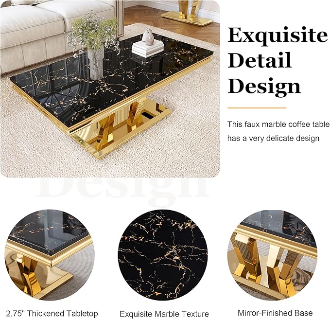 Modern Marble Coffee Table, 47" Living Room Table with Diamond-Shape Stainless Steel Base and Thickened Faux Marble Top for Living Room, Bedroom, Lounge (Gold,Black)