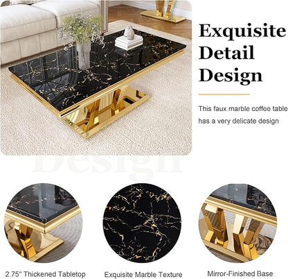 Modern Marble Coffee Table, 47" Living Room Table with Diamond-Shape Stainless Steel Base and Thickened Faux Marble Top for Living Room, Bedroom, Lounge (Gold,Black)
