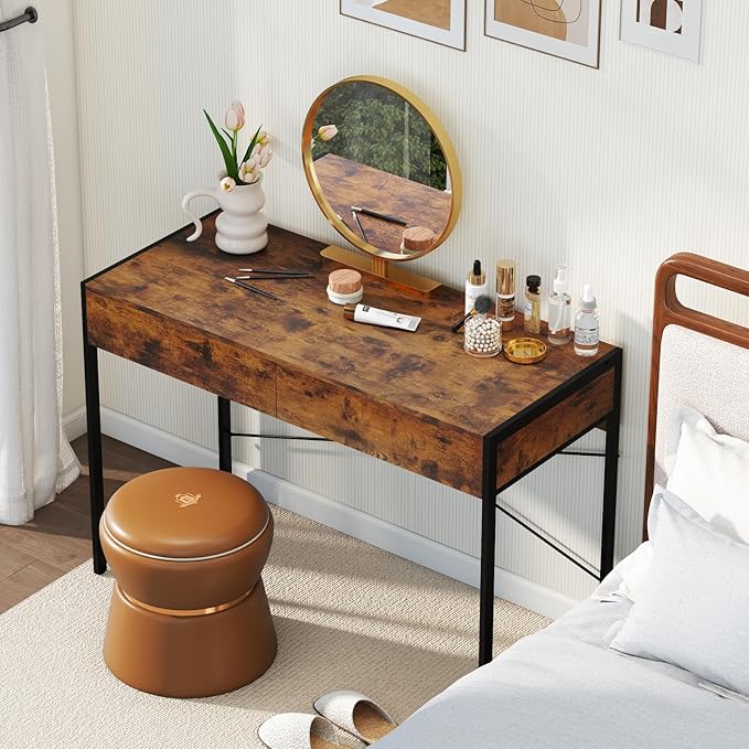 GOFLAME Modern 2-Drawer Computer Desk, Home Office Desk w/Reinforced Heavy-Duty Metal Frame, Versatile Study Writing Desk w/Anti-Tip Kit, Ideal for Bedroom, Study, Office, Small Spaces, Rustic Brown
