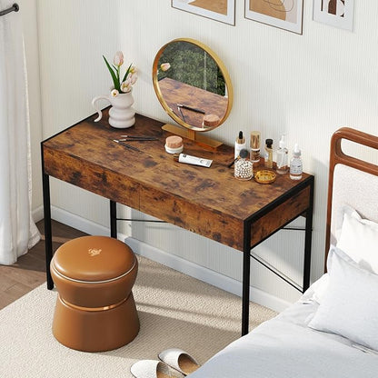 GOFLAME Modern 2-Drawer Computer Desk, Home Office Desk w/Reinforced Heavy-Duty Metal Frame, Versatile Study Writing Desk w/Anti-Tip Kit, Ideal for Bedroom, Study, Office, Small Spaces, Rustic Brown