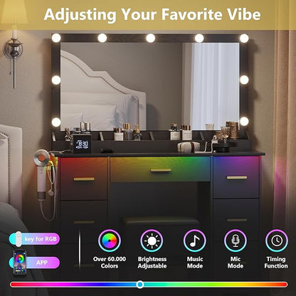 Makeup Vanity with Large Lighted Mirror and Chair, 7 Drawers Vanity Makeup Desk Table with Power Strip, Adjustable Lighting, and Cushioned Storage Stool for Women, Girls