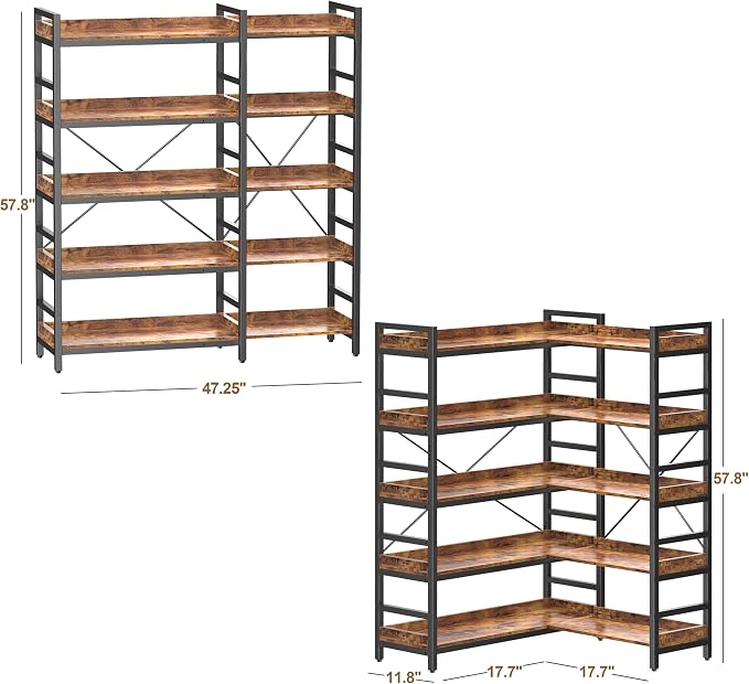 HCHQHS Adjustable Book Shelf with 8 Hooks, Reversible Corner Bookshelf, Industrial Wooden and Metal Bookcase for Living Room, Bedroom, Home Office (Rustic Brown, 5 Tier)