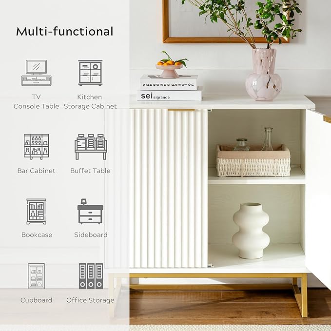 Fluted Storage Cabinet Sideboard Buffet Cabinet, Modern Accent Cabinets with Adjustable Shelves, Wooden Credenza, Console Table Entryway Cabinets for Living Dining Room, White