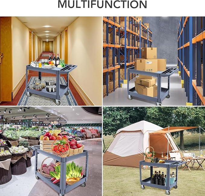 Utility Service Cart 2-Shelf 500 Lbs Capacity, Heavy Duty Rolling Cart with Two Trays and Brake Wheel for Warehouse, Garage, Cleaning, Manufacturing, Storage Handle, 45"X25" Gray