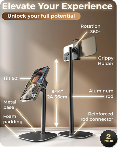 COOPER ChatStand, [Gift Family Pack], Adjustable Cell Phone Stand for Desk, Phone Stand for Recording, iPhone Holder, Small Tripod for iPhone, Fits Samsung, Android Smartphones, (Night Black, 2-Pack)