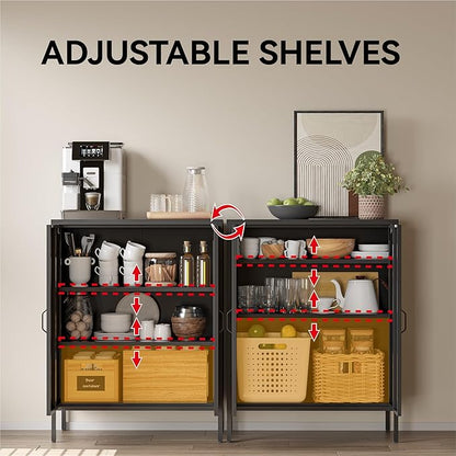 COFaR Black Metal Storage Cabinet, 40” Industrial Kitchen Organizer & Buffet Sideboard, 3-Tier Steel Cabinet with Adjustable Shelves, Magnetic Doors for Coffee Bar, Office, Dining Room