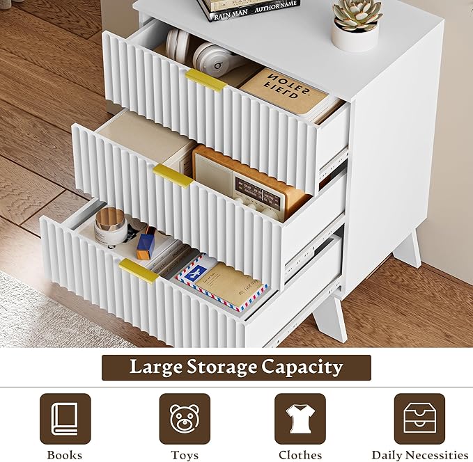 Fluted 3 Drawer Dresser for Bedroom, Mid Century Modern Beside Table with Metal Handle, Wooden Nightstand with 6 Drawers End Table for Living Room, Closet, Entryway, White