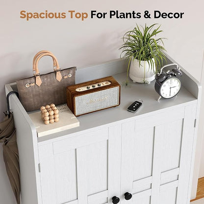 Farmhouse Shoe Cabinet with Doors, 6-Tier Wooden Shoe Organizer with Adjustable Shelves, Entryway Storage Cabinet with Metal Legs, Rustic Shoe Storage for Entryway or Living Room (White)
