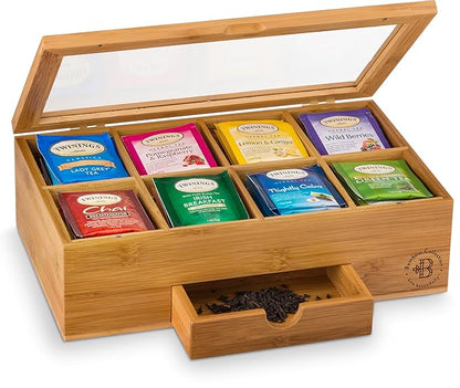 Bamboo Tea Bag Organizer Box - 8 Compartment Tea Storage Box with Acrylic Lid, Magnetic Closure and Drawer, Tea Bag Holder for Kitchen Counter, Tea Organizer, Tea Box, Gift for Mom Wife Tea Lovers