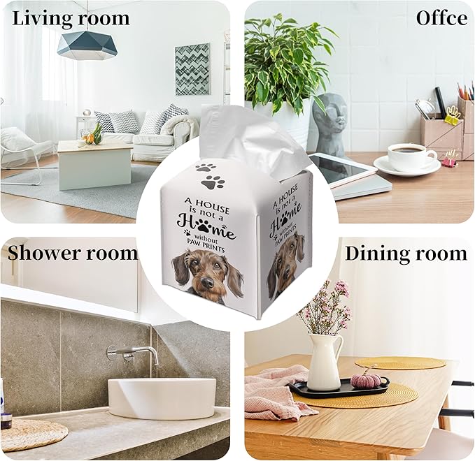 Grace Yonks Cute Dachshund Tissue Box Cover Square, Wiener Dog Cube Case for Facial Tissues, 5.2" PU Leather(037)