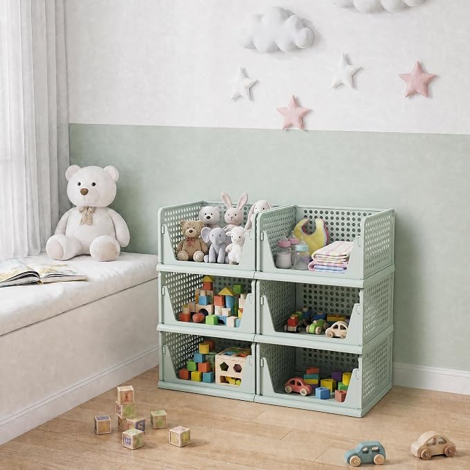 Pinkpum Green Boy Closet Organizers and Storage Stackable Plastic Drawer Basket for Clothing Stackable Storage Bins Shelf Storage Container for Rv Closet Wardrobe Bedroom Bathroom Playroom Man 6 Pack