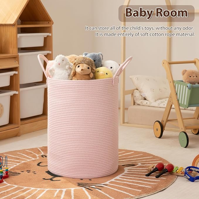 OIAHOMY Large Laundry Basket Hamper - 60L Cotton Rope Woven Basket for Blankets, Toys, Clothes - Tall Decorative Nursery Hamper with Long Handles, Pink