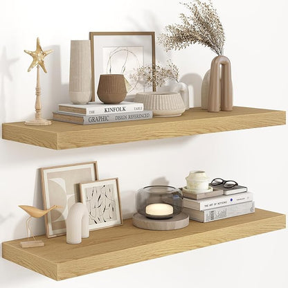 36 Inch Long Floating Shelves for Wall, 9.3 Inch Deep Floating Shelf with Heavy-Duty Bracket, 2 Pack Long Shelves for Bathroom, Living Room, Bedroom, Wall Mounted Storage Shelf for Books Decor, Oak