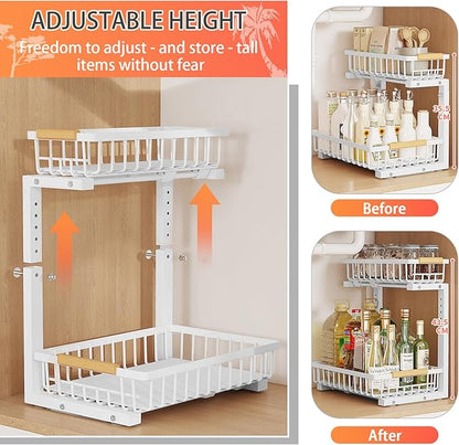 2 Pack 2 Tiers Pull Out Under Sink Organizers, Metal Kitchen Storage Shelf, Pull Out Under Sink Storage Rack, Multi-purpose Under Sink Shelf Organizer for Under Sink Cabinet Bathroom Kitchen (White)