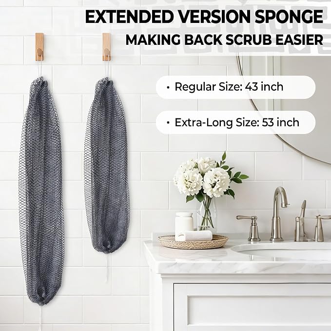 African Net Sponge Authentic - 2 Pieces 52IN Stretched Length Exfoliating Body Scrubber Bath Sponge - Loofah Washcloth Back Scrub for Shower Body Exfoliator