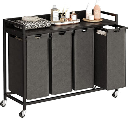 Herture Laundry Hamper with Shelf, Laundry Basket 4 Section, Laundry Sorter with Pull-Out Removable Large Bags and Movable Wheels, Metal Frame, 4 x 15.87 Gallons (60L), Black and Gray PF07XLB