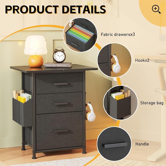 Mexin 3 Drawer File Cabinet with 22'' Extended Desktop, Mobile Filing Cabinet, Printer Stand, Rolling Printer Stand with Side Bag, Fabric Drawer, Fits A4 Size, Home Office, Black