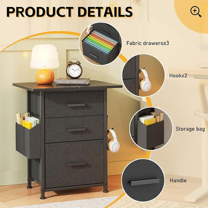 Mexin 3 Drawer File Cabinet with 22'' Extended Desktop, Mobile Filing Cabinet, Printer Stand, Rolling Printer Stand with Side Bag, Fabric Drawer, Fits A4 Size, Home Office, Black