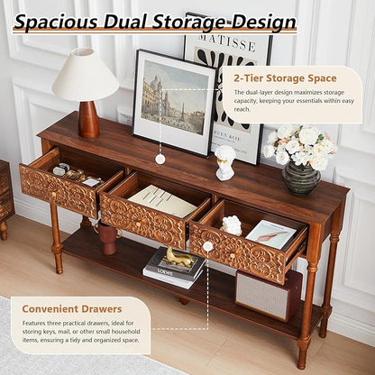 55.5" Carved Console Table with 3 Drawers, 2-Tier Sofa Table with Glossy Floral Surface and Solid Wood Legs, Mid-Century Modern Entryway Table for Living Room Hallway (Walnut)