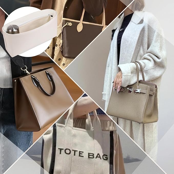 Purse Organizer Insert, Satin Tote Bag Organizer with 8 Sizes, Handbag Dividers for Inside Purse, Compatible with Longchamp, Neverful, 25C Hobo and More Bags（Slender X-Large,Craie）