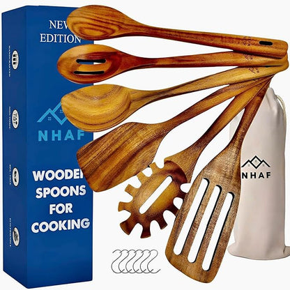 NHAF Wooden Utensils for Cooking, Premium Teak Healthy Spoons, Wooden Spoons for Cooking, Durable Eco-Friendly and Safe Teak Cooking Spoon, Cooking Gifts for Mom (set of 6) and Hooks