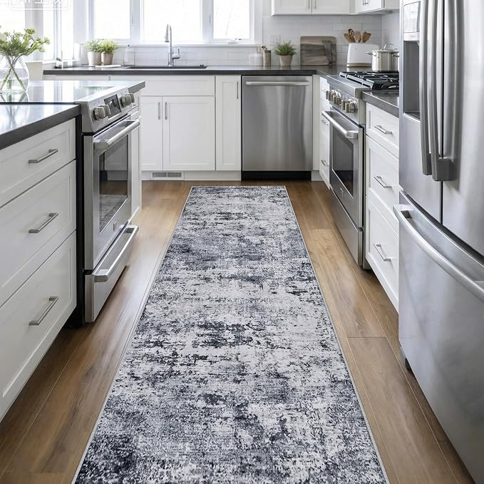 Washable Area Rug 3x14 Entryway Rug: Washable Modern Abstract Soft Thin Rug Indoor Floor No Slip Stain Resistant Carpet for Bedroom Dining Room Farmhouse Nursery Home Office - Grey