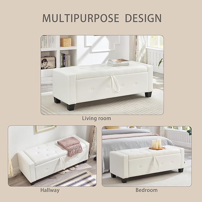 Furniliving Storage Bench, 48‘’ Upholstered PU Leather Ottoman Bench with Button-Tufted, Folding Bedroom Bench with Wood Legs, Entryway Bench for Bedroom, Cream White