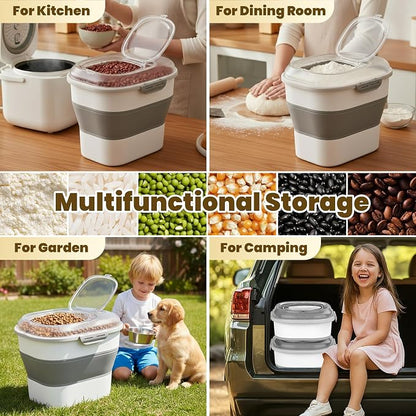 20-50Lbs Rice Container,Collapsible Food Storage Containers with Clear Airtight Lid,Wheels,Date Track,Rice Storage Container with 2PCS Containers and Scoop for Flour Sugar Cereal Grain Dog Cat