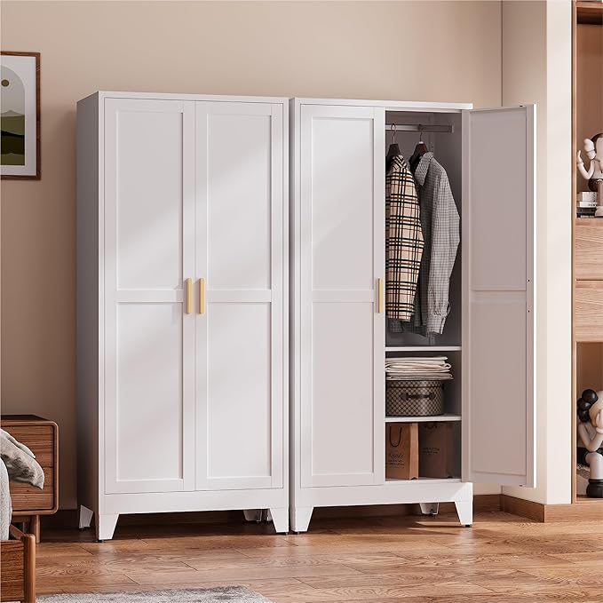 COFaR 71" Metal Wardrobe Closet with Adjustable Hanging Rod & 2 Shelves, Freestanding 2-in-1 Armoire Cabinet with Large Top/Bottom Storage, White Steel Closet Organizer