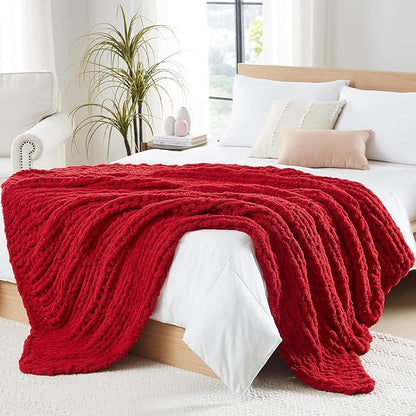 L'AGRATY Chunky Knit Blanket Throw: 80''x90'' Chenille Chunky Knitted Throw Blanket for Bed Couch - Handmade Thick Big Cable Knit Blanket - Large Chunky Crochet Rope Blanket for Home Decor(Red)
