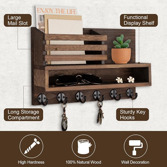 Key and Mail Holder Wall Mount, Key Hanger with Long Storage Box and Key Hooks for Coat, Dog Leash, Home Decor Rack, House Accessories, Entry Way Organizer