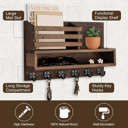 Key and Mail Holder Wall Mount, Key Hanger with Long Storage Box and Key Hooks for Coat, Dog Leash, Home Decor Rack, House Accessories, Entry Way Organizer