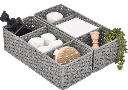 StorageWorks 3-Section Wicker Baskets for Shelves, Hand-Woven Round Paper Rope Storage Baskets, Gray, 2-Pack