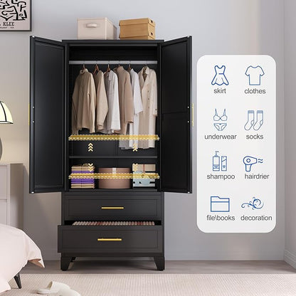Steel Armoire Wardrobe Closet with Mirror, 71" Metal Clothes Storage Cabinets with 2 Doors, 1 Adjustable Shelf, 2 Drawers, Metal Wardrobe Cabinet with Hanging Rod for Bedroom, Gym, Cloak(Black)