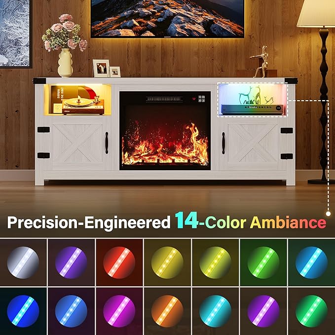 YESHOMY LED Fireplace TV Stand with Mood Lighting, TV Cabinet with Open Shelf, Farmhouse Media Console with Hidden Cable Routing, Entertainment Center for Televisions up to 65+ Inch, White