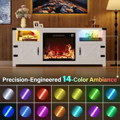 YESHOMY LED Fireplace TV Stand with Mood Lighting, TV Cabinet with Open Shelf, Farmhouse Media Console with Hidden Cable Routing, Entertainment Center for Televisions up to 65+ Inch, White