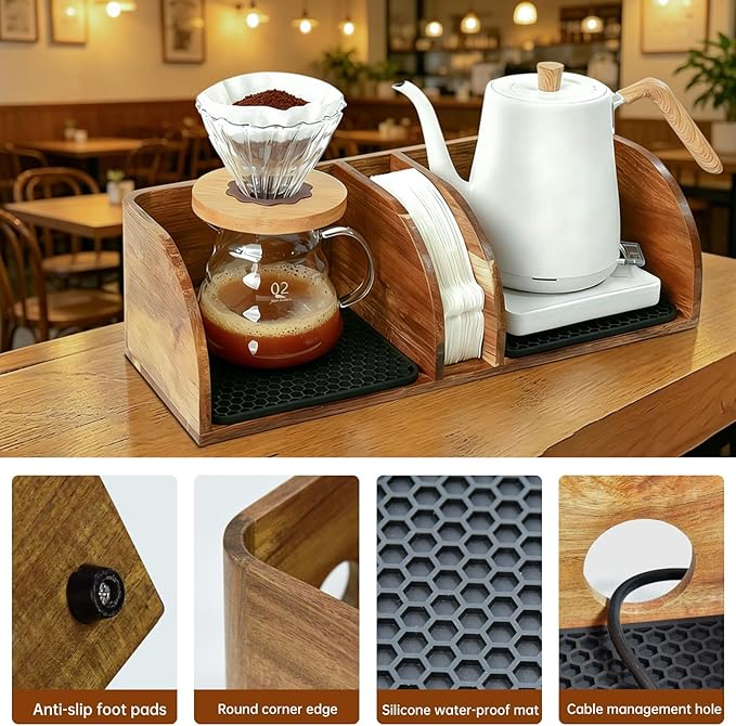 MAVOTER Acacia Coffee Bar Station Organizer Stand for Pour Over Maker, Coffee Filter Holder for Countertop ,Wooden Caddy Storage Organizers with Heatproof Mat(17.8*7*5.1 inch)