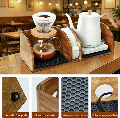 MAVOTER Acacia Coffee Bar Station Organizer Stand for Pour Over Maker, Coffee Filter Holder for Countertop ,Wooden Caddy Storage Organizers with Heatproof Mat(17.8*7*5.1 inch)