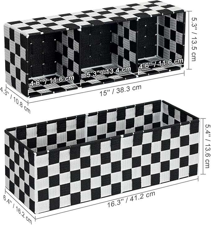 2-Pack Checker Pattern Woven Bins, 16” Ribbon Metal Wire Desk Organizer, Drawer Dresser Baskets, Countertop Toilet Paper Storage Containers (Black & White)