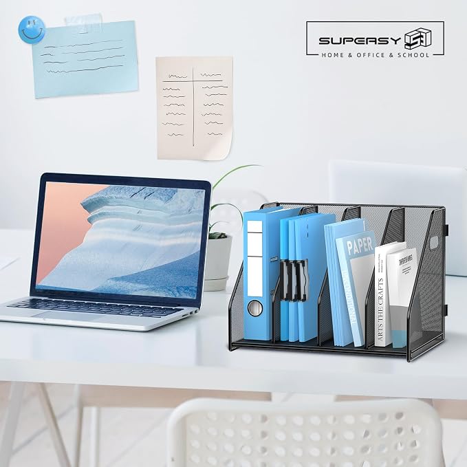 SUPEASY Binder Organizer, Magazine File Holder with 4 Vertical Compartments Rack, Metal Desk File Organizer & Binder Holders, Magazine Organizers for Office Desktop, Home, School (Black)